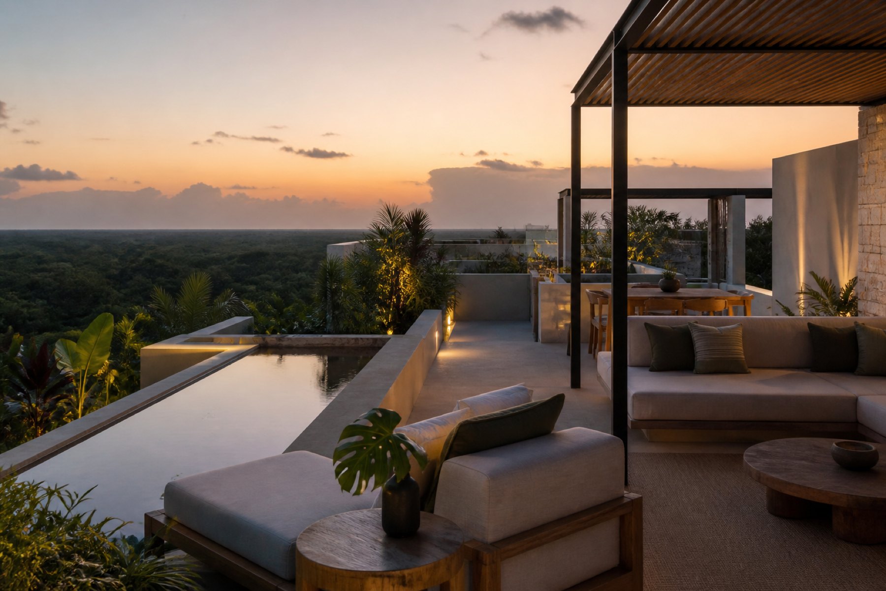 Terrasse contemporaine ouverte sur la végétation en Riviera Maya