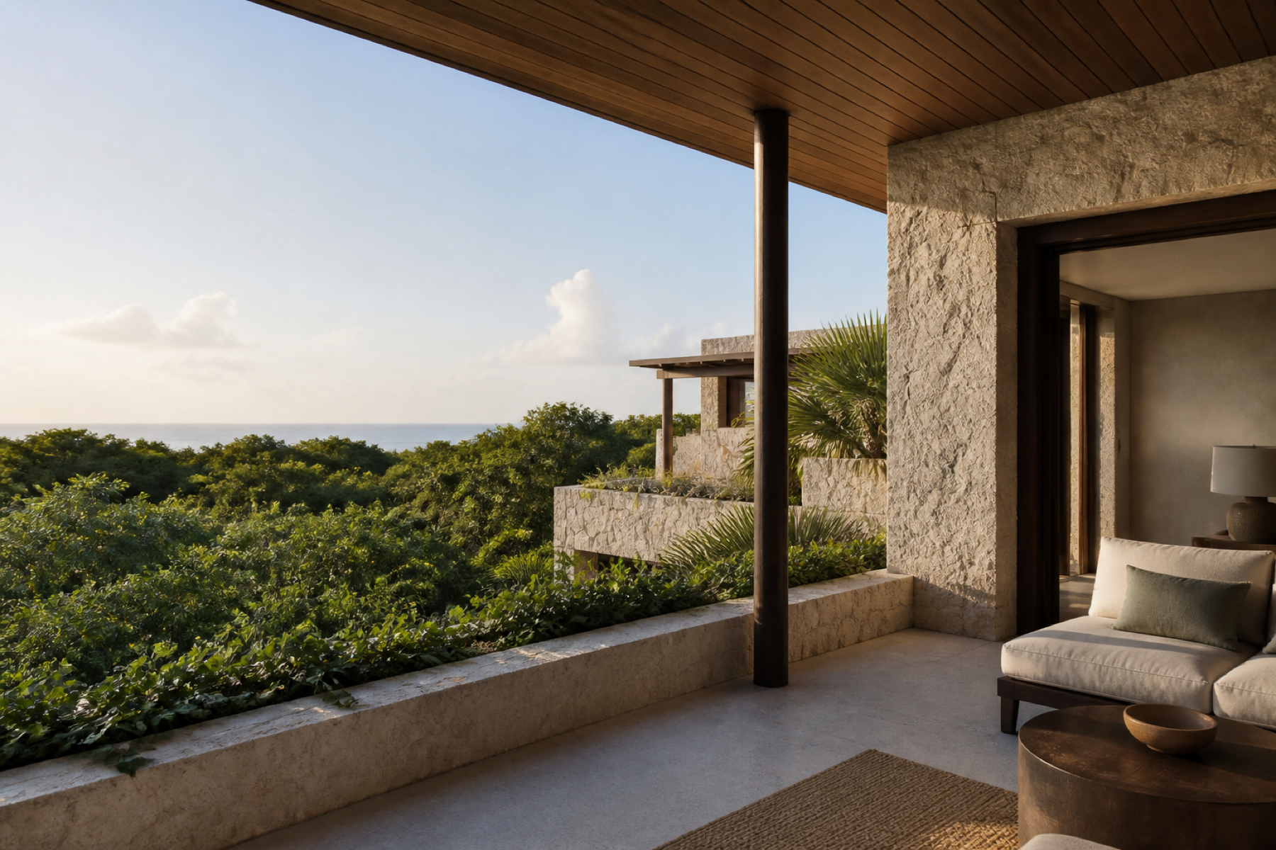 Architecture contemporaine ouverte sur la végétation en Riviera Maya